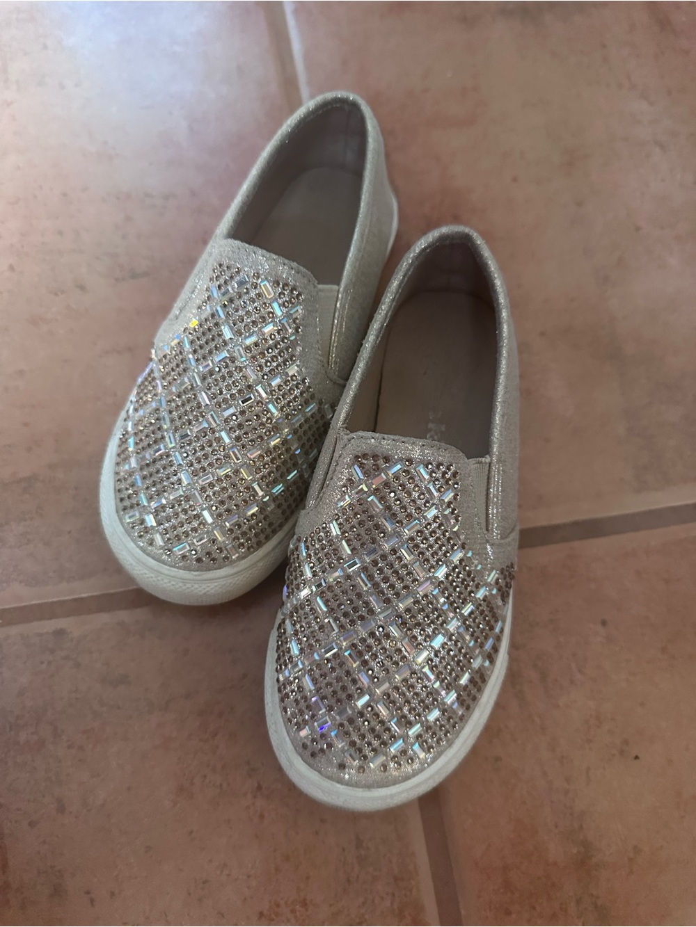 Beige Slip-On Sneakers with Sparkling Crystal Embellishments